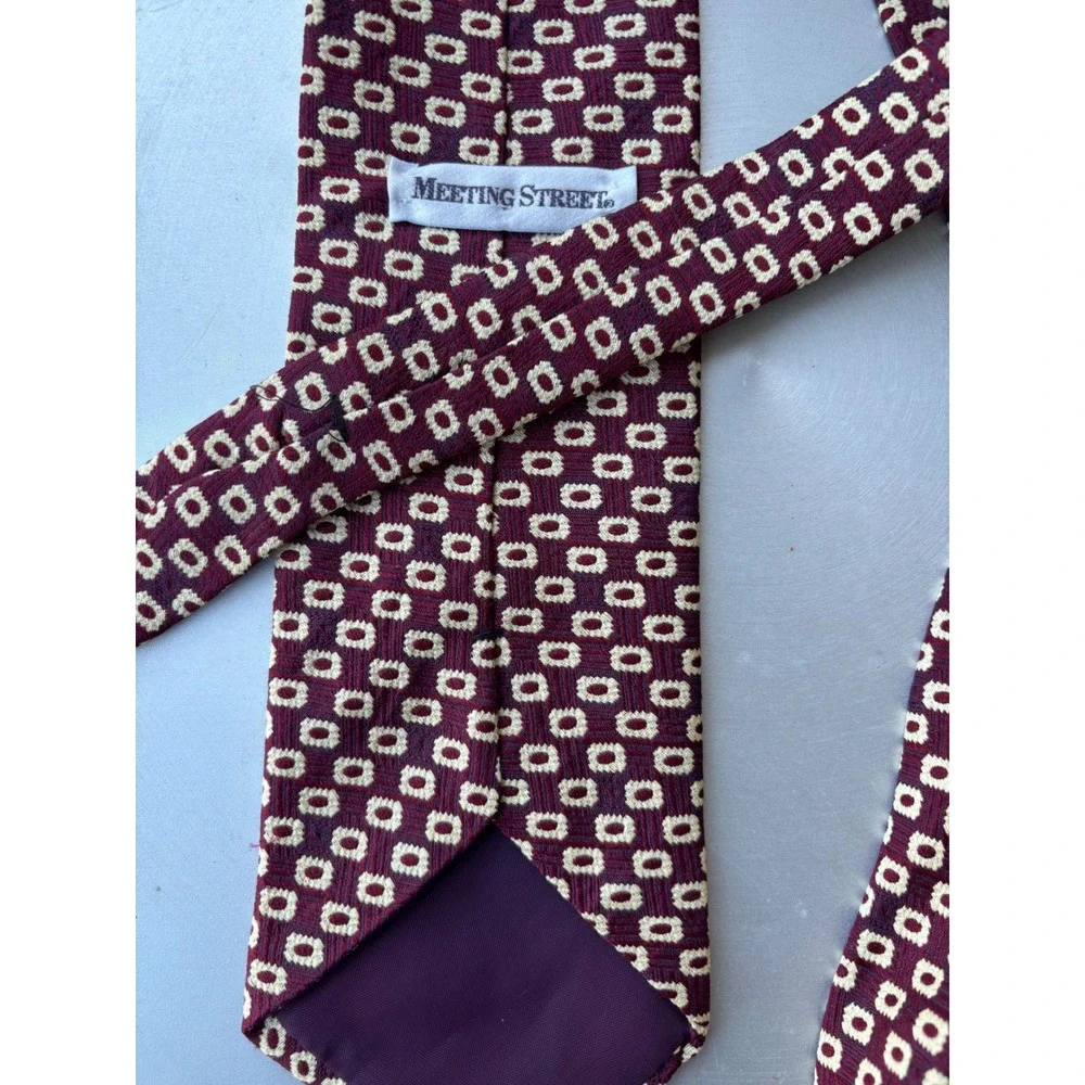 Meeting Street Burgundy Cream Geometric Medallion 100% Silk Tie Made in USA